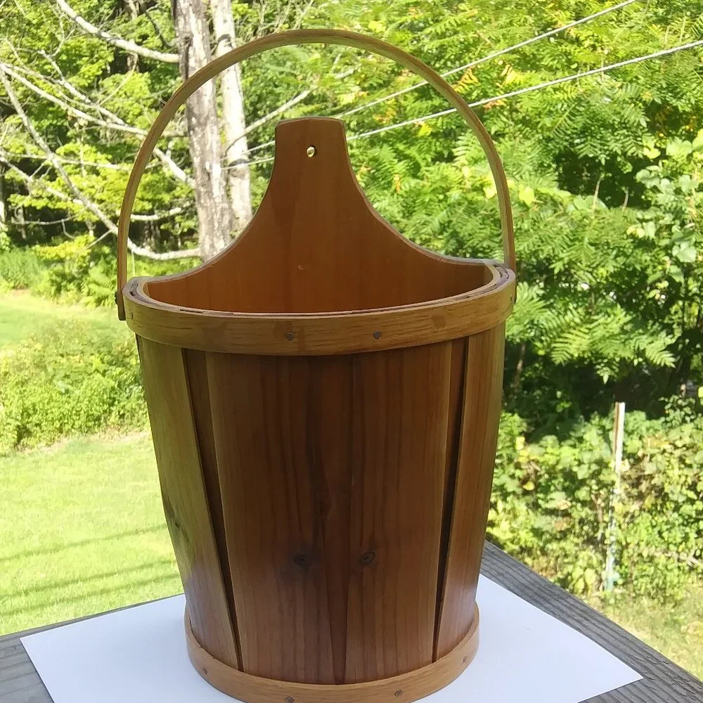 VTG hand crafted artist signed wood half bucket with handle primitive farmhouse
